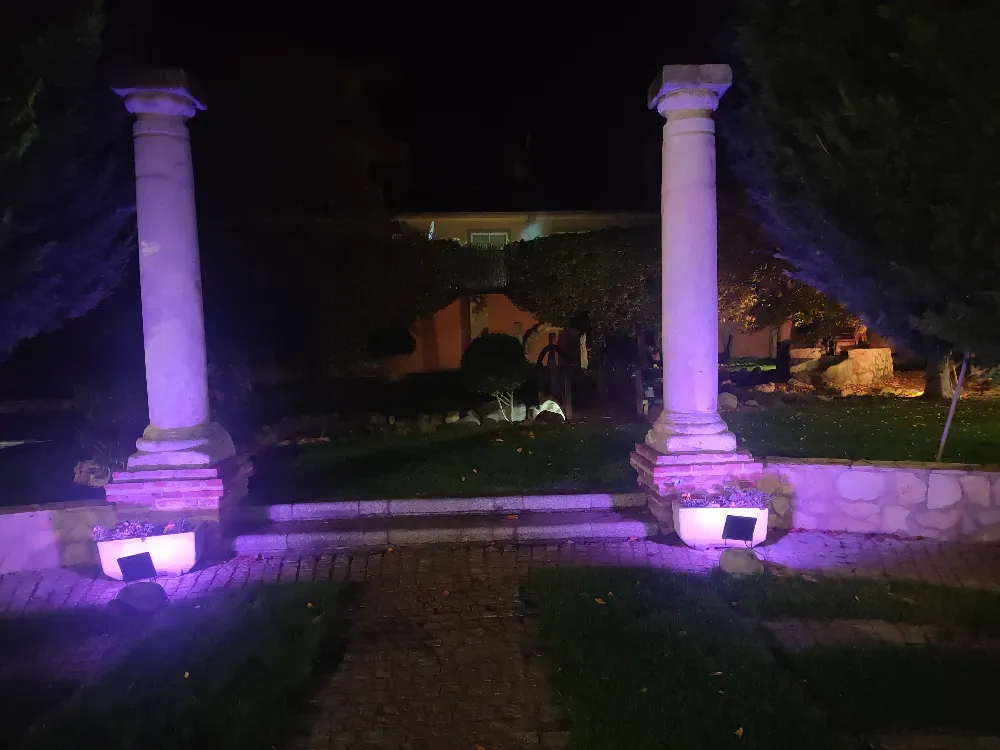 Dos pilares de piedra iluminados con focos violetas por la noche, que sirven de portal a la entrada de un sendero ajardinado.