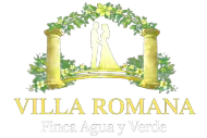 Logotipo de Villa Romana, que muestra a una pareja bajo un arco floral entre dos pilares, sobre el texto "Finca Agua y Verde".