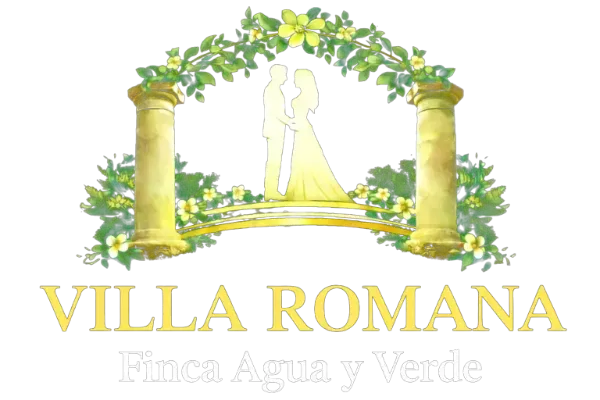 Logotipo de Villa Romana, que muestra a una pareja bajo un arco floral entre dos pilares, sobre el texto "Finca Agua y Verde".