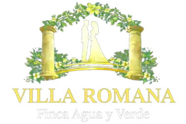 Logotipo de Villa Romana, que muestra a una pareja bajo un arco floral entre dos pilares, sobre el texto "Finca Agua y Verde".