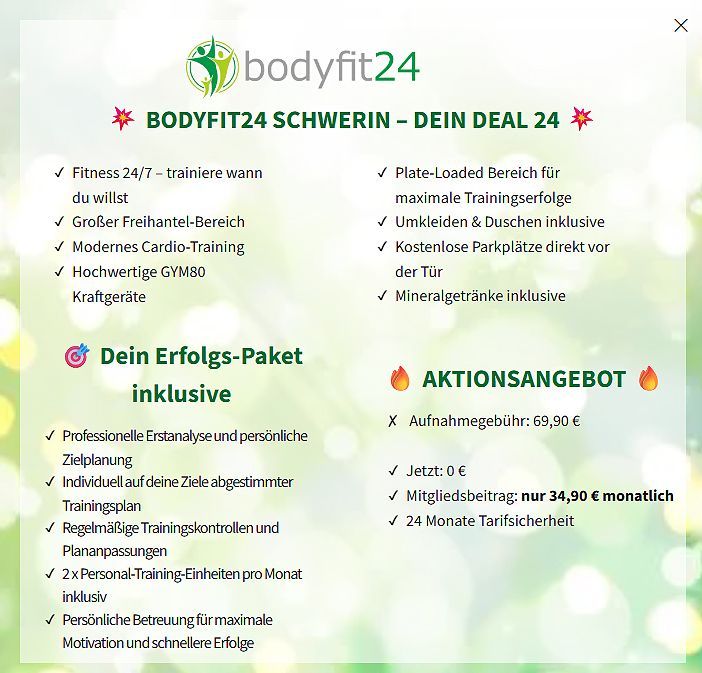 Werbeflyer von Bodyfit24 Schwerin mit grünem Hintergrund und Details zum Mitgliedschaftsangebot