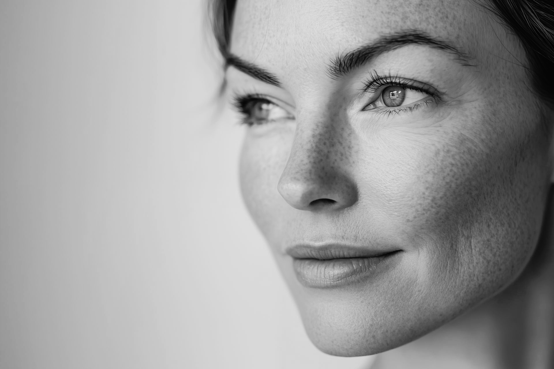 Portrait en gros plan, en noir et blanc, d'une personne regardant hors champ avec une expression calme.