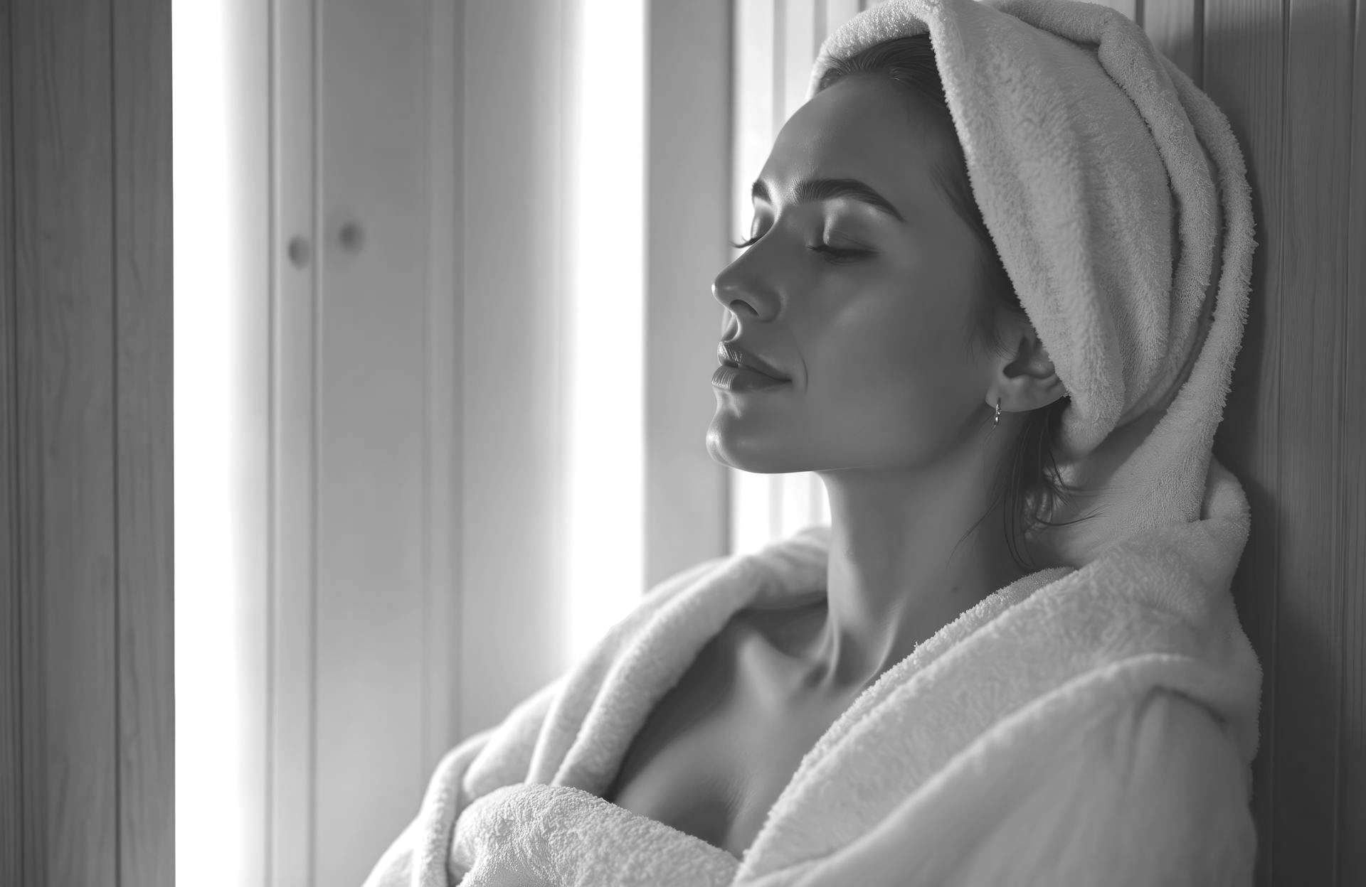 Une femme en robe de chambre, une serviette enroulée autour de la tête, assise près d'une fenêtre baignée d'une douce lumière.
