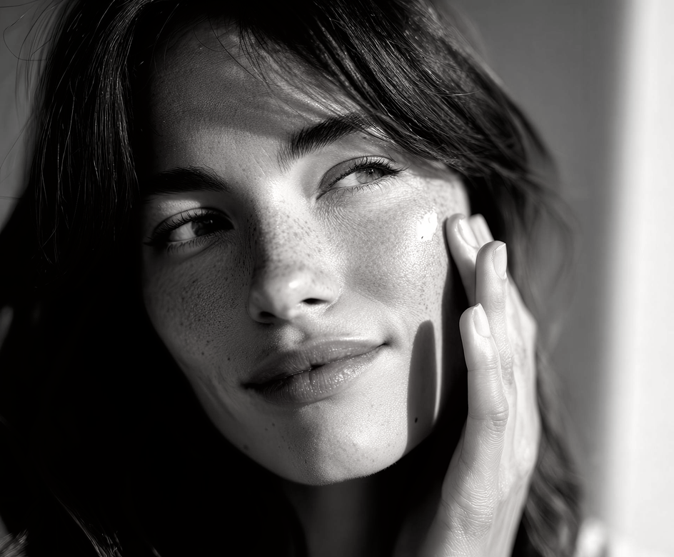 Sur un portrait en noir et blanc, une personne aux taches de rousseur touche délicatement sa joue, le regard tourné vers l'extérieur avec un doux sourire.