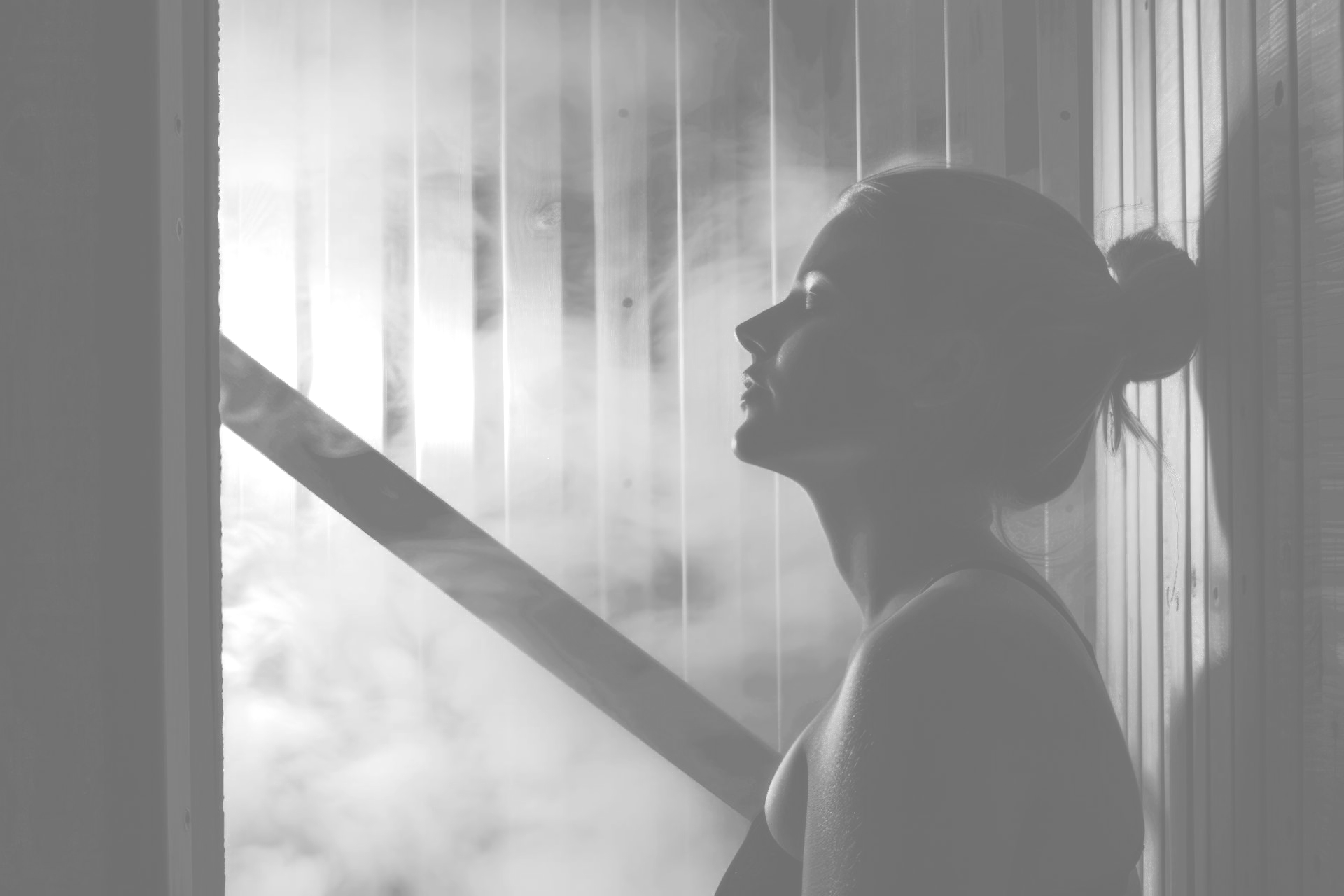 Silhouette d'une personne de profil devant une fenêtre embuée, la tête inclinée vers le haut, les cheveux relevés en chignon.