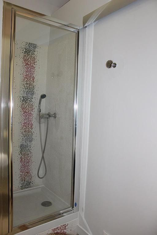 Petite salle de bain avec douche, porte en verre, pommeau de douche mural et crochet porte-serviettes à côté.