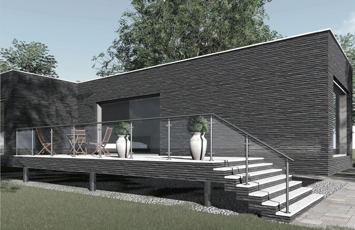 Terrassengeländer aus Glas mit pulverbeschichtetem Aluminiumrahmen.