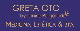 Logotipo para Greta Oto: “Greta Oto” en dorado, “by lanire Regalado” y “MEDICINA ESTÉTICA & SPA” sobre fondo morado.