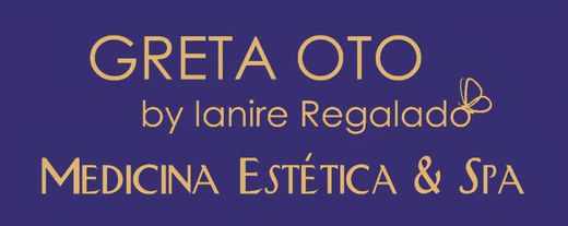 Logotipo para Greta Oto: “Greta Oto” en dorado, “by lanire Regalado” y “MEDICINA ESTÉTICA & SPA” sobre fondo morado.
