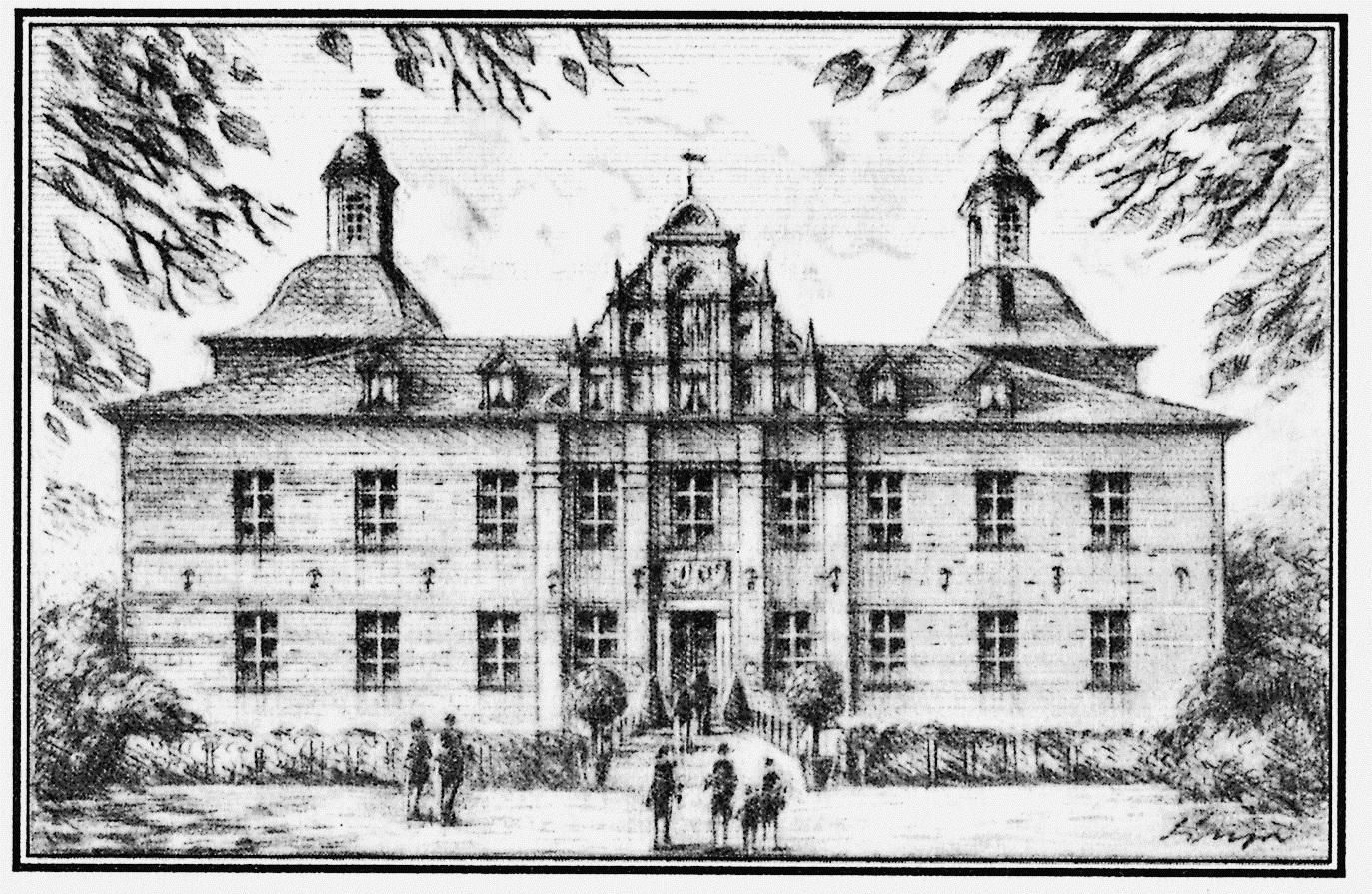 Eine schwarz-weiß Zeichnung vom Schlosshotel Hugenpoet in Essen.