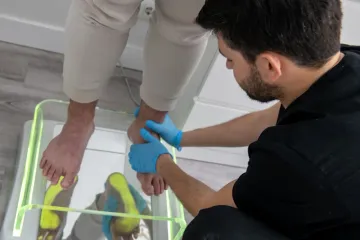 Un médico con guantes azules examina un pie sobre un panel de cristal con marcas amarillas en el suelo.