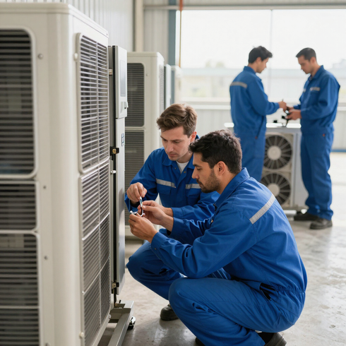 Técnicos con uniformes azules inspeccionan unidades de climatización en una sala industrial luminosa.