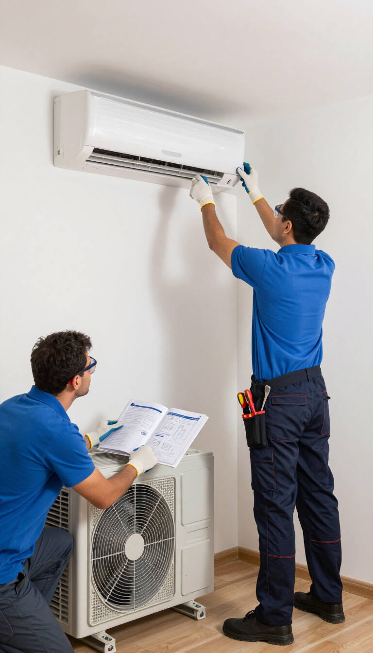 Dos técnicos de climatización instalando un aire acondicionado de pared y realizando el mantenimiento de la unidad exterior.