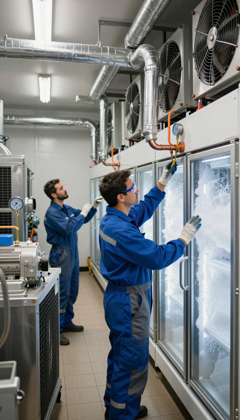 Técnicos con monos azules inspeccionan equipos en una luminosa instalación industrial con grandes unidades de refrigeración.