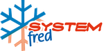 Logotipo de copo de nieve azul con texto &ldquo;SYSTEM fred&rdquo; en rojo y azul
