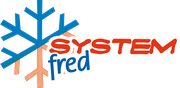 Logotipo de copo de nieve azul con texto &ldquo;SYSTEM fred&rdquo; en rojo y azul