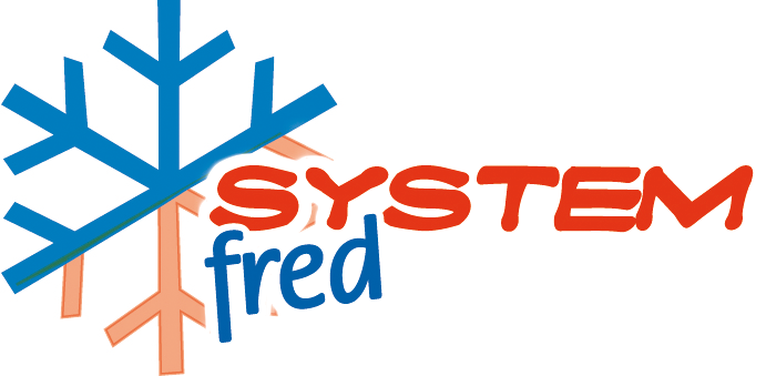 Logotipo de copo de nieve azul con texto &ldquo;SYSTEM fred&rdquo; en rojo y azul