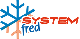 Logotipo de copo de nieve azul con texto &ldquo;SYSTEM fred&rdquo; en rojo y azul
