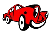 Coche de carreras rojo de dibujos animados con ojos enormes, ruedas blancas y una parrilla sonriente.