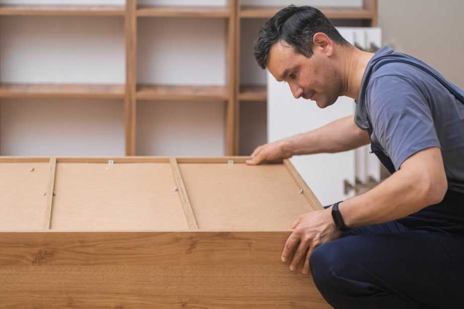 Un hombre está arrodillado y trabajando en un trozo de madera.