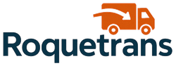 El logotipo de Roquetrans muestra un camión con una flecha apuntando hacia él.