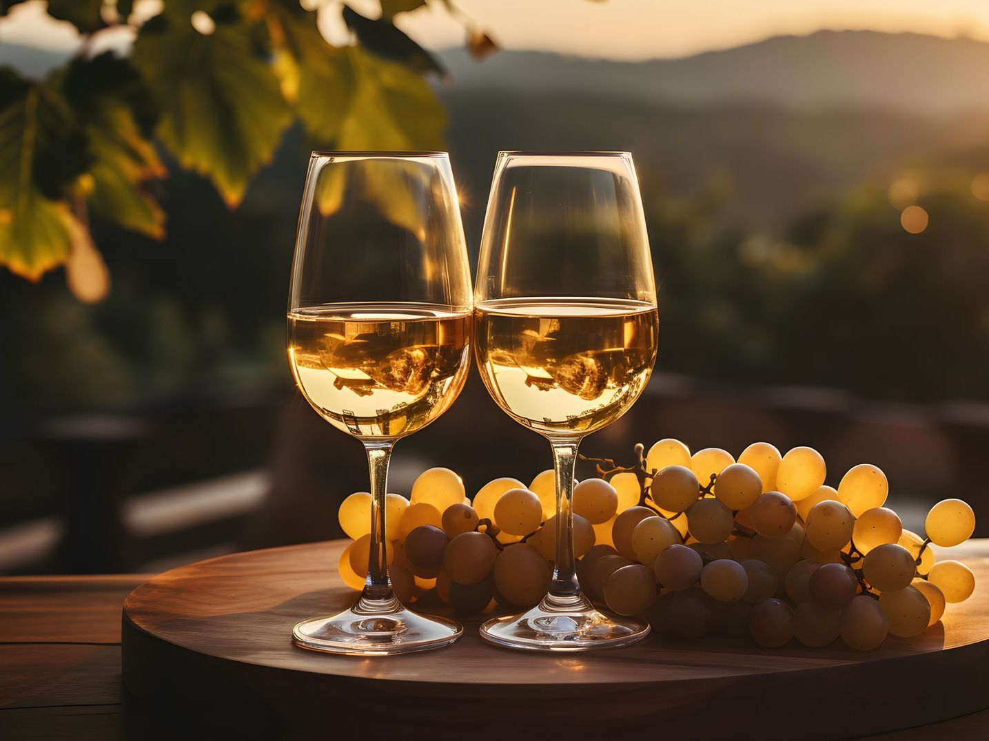 Deux verres de vin blanc avec une grappe de raisins