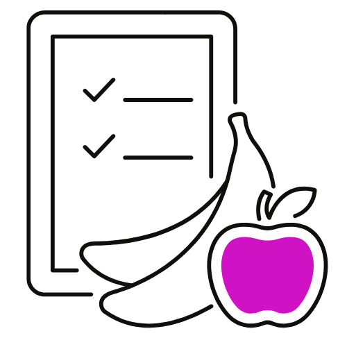 Un plátano, una manzana y una tableta con una lista de verificación.
