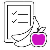 Un plátano, una manzana y una tableta con una lista de verificación.