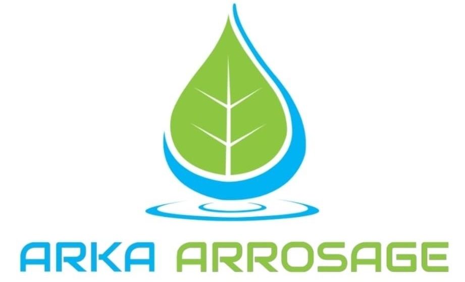 Logo : Feuille verte à l'intérieur d'une goutte d'eau bleue, au-dessus du texte vert « ARKA ARROSAGE ».