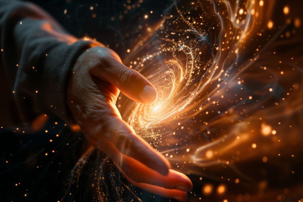 La mano de una persona se extiende hacia una espiral dorada 
