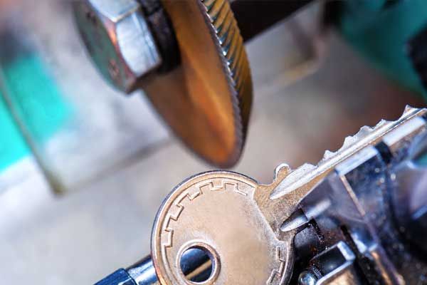 Un primer plano de una llave siendo cortada por una máquina.