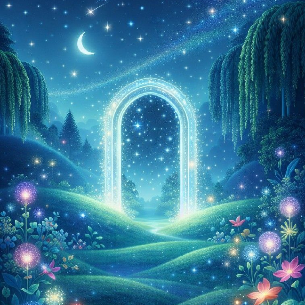 Leuchtendes Fantasieportal in einem mondbeschienenen, sternenklaren blauen Garten mit Blumen und glitzernden Hügeln