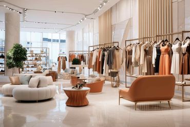Una tienda de ropa con muchos muebles y ropa en exhibición.