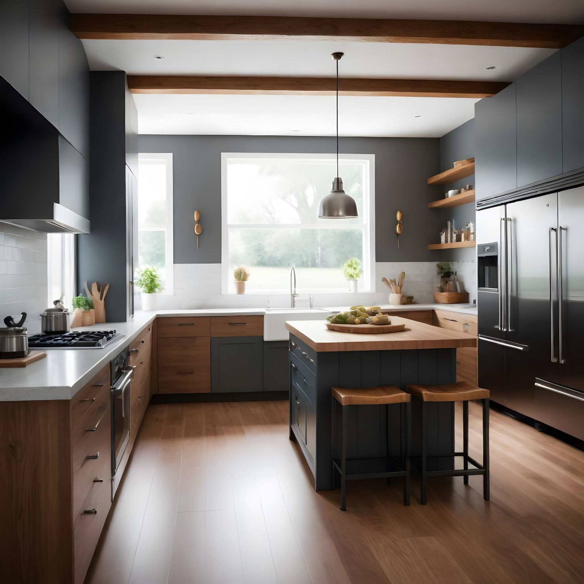 Una cocina con electrodomésticos de acero inoxidable y gabinetes de madera.