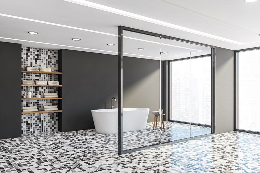 Grande salle d'eau avec petit carrelage mosaïque