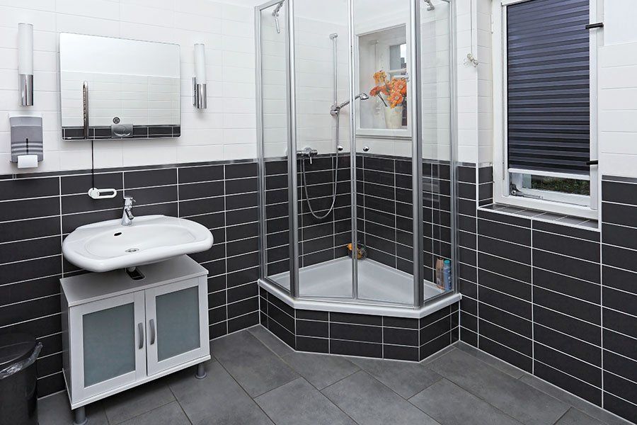 Salle d'eau noir et blanc avec douche et vasque