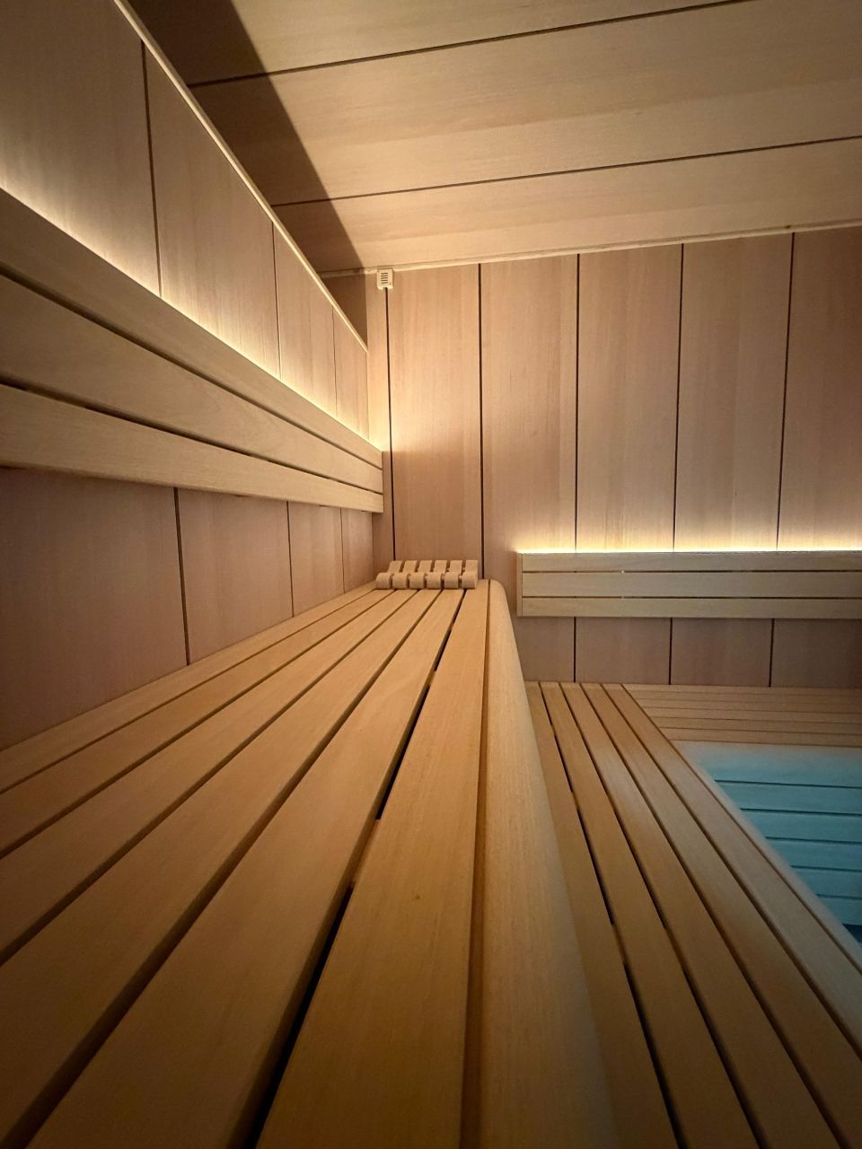 Intérieur de sauna en bois avec banquettes et panneaux muraux aux tons chauds et clairs