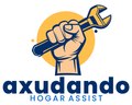 Mano sosteniendo una llave inglesa delante de un círculo amarillo. Texto "Axudando Hogar Assist" debajo.