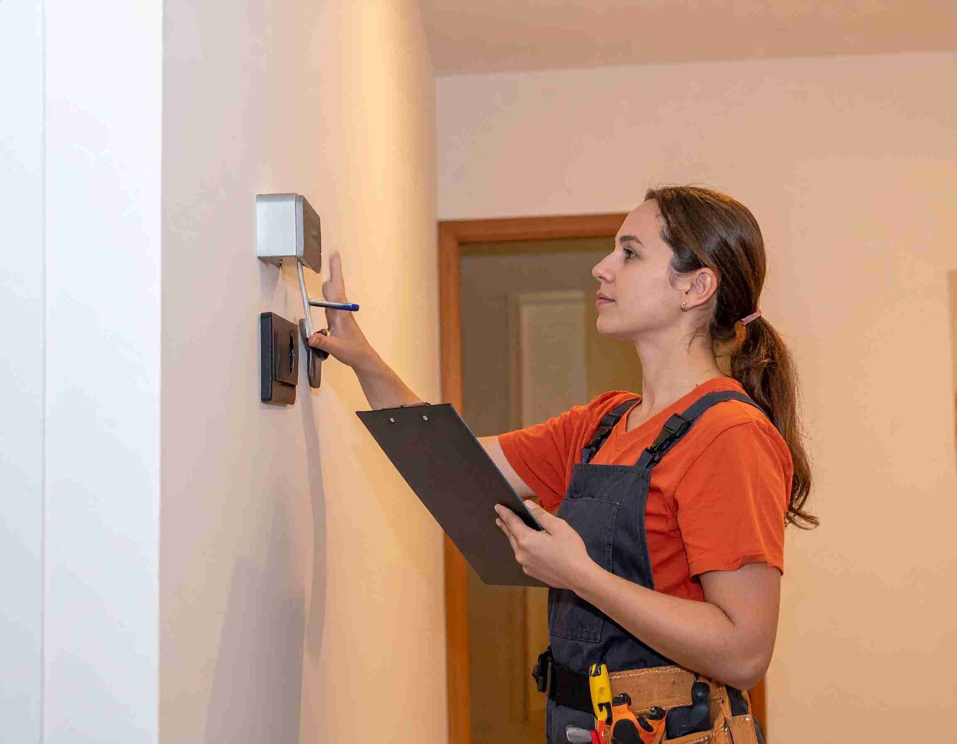 Mujer con mono inspeccionando un termostato en una pared, sosteniendo un portapapeles y un bolígrafo en el interior.
