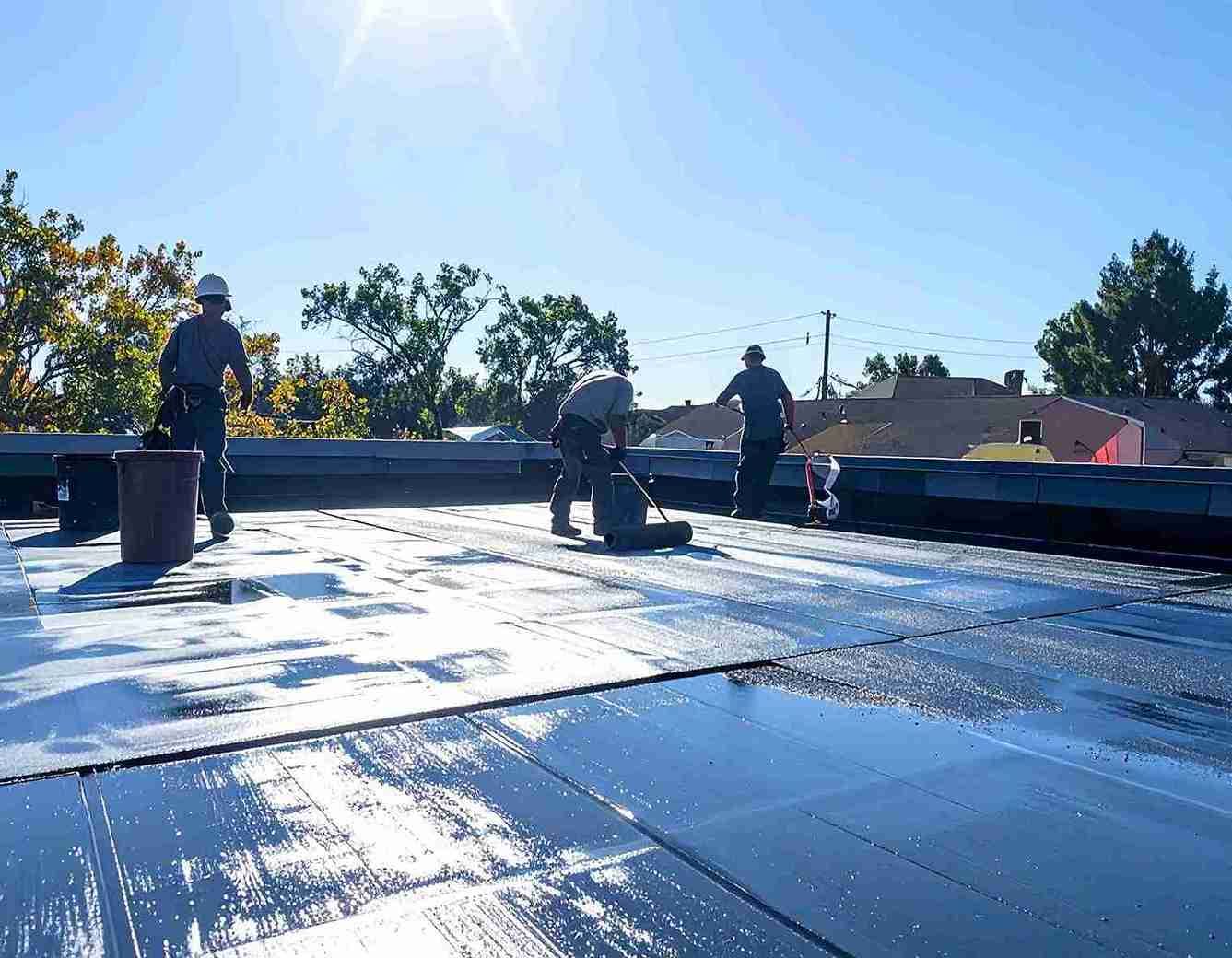 Mujer con mono azul pintando una pared blanca con un rodillo de pintura.