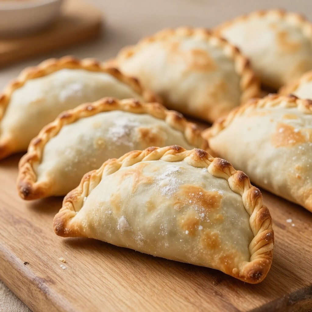 Empanadas doradas horneadas sobre una tabla de madera, con bordes rizados y una ligera capa de harina.