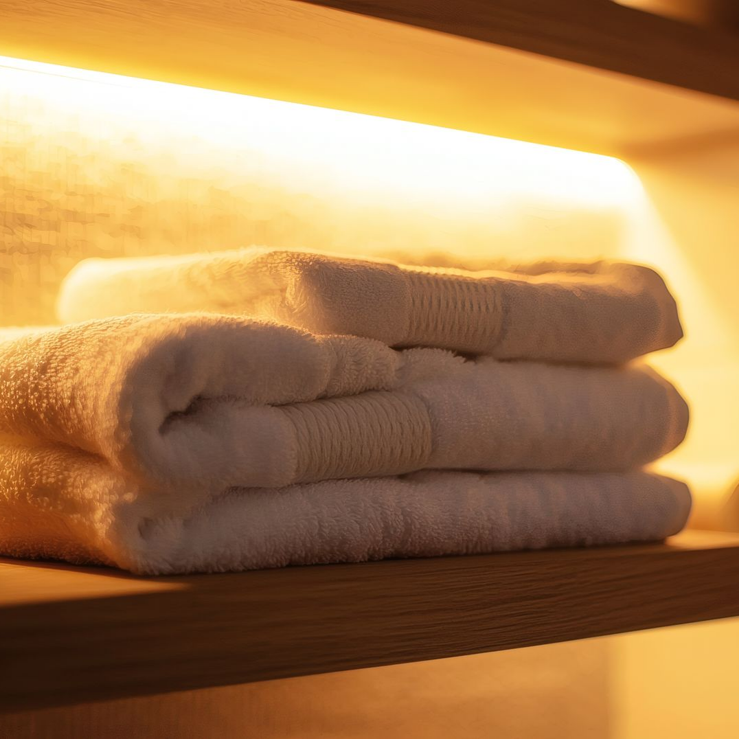 Des serviettes blanches pliées.