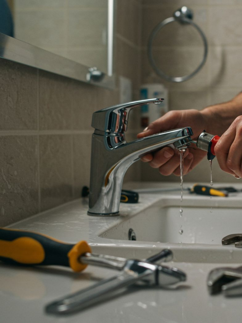 Une personne répare un robinet de salle de bains.