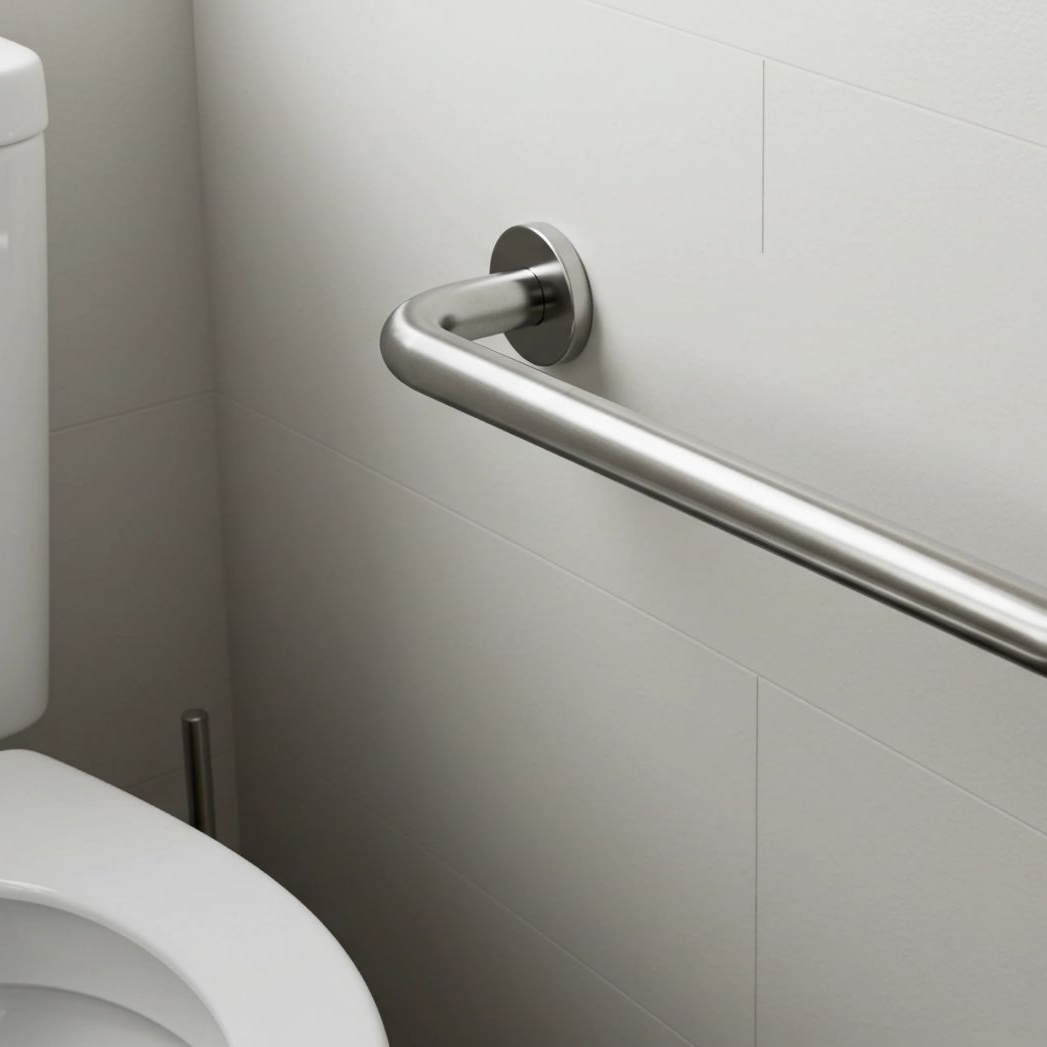 Barre d'appui chromée fixée sur un mur blanc de salle de bain.