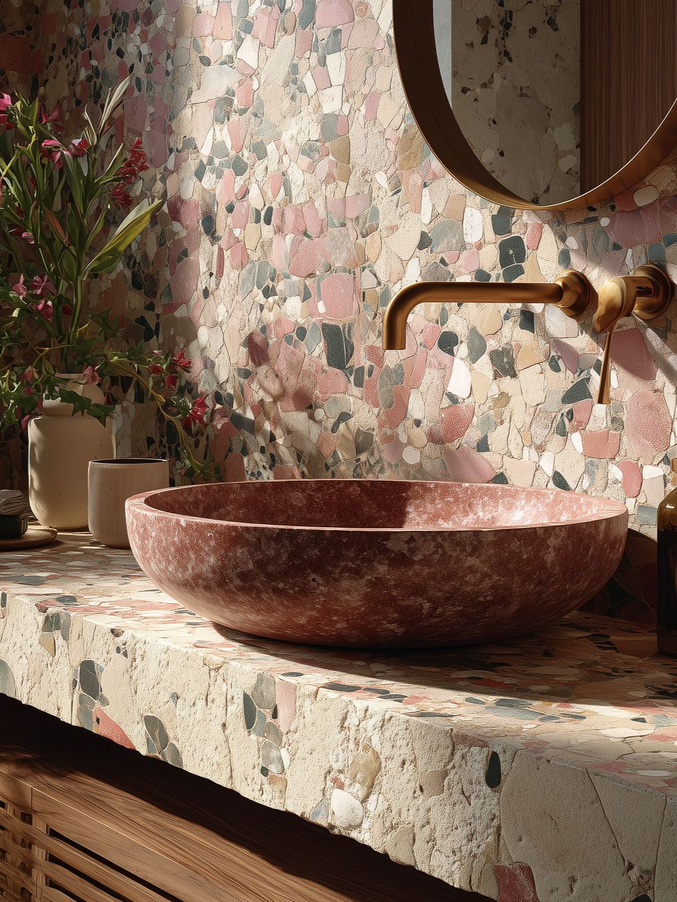 Salle de bains en terrazzo rose avec vasque ronde.