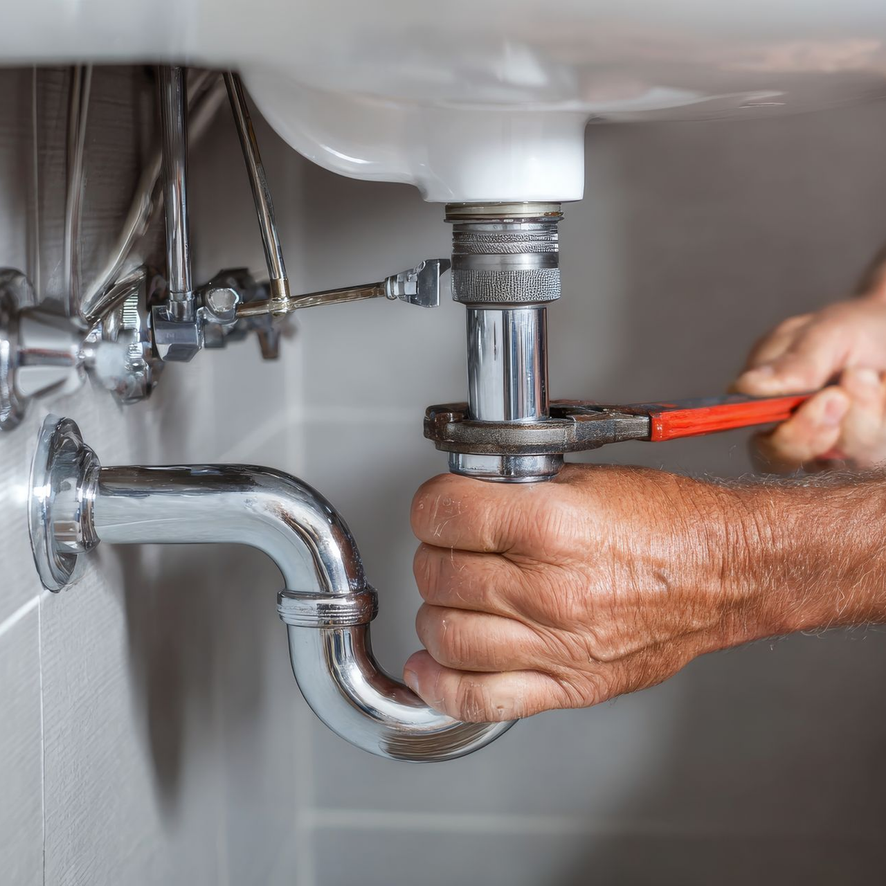Un plombier utilise une clé pour resserrer un tuyau sous un lavabo.