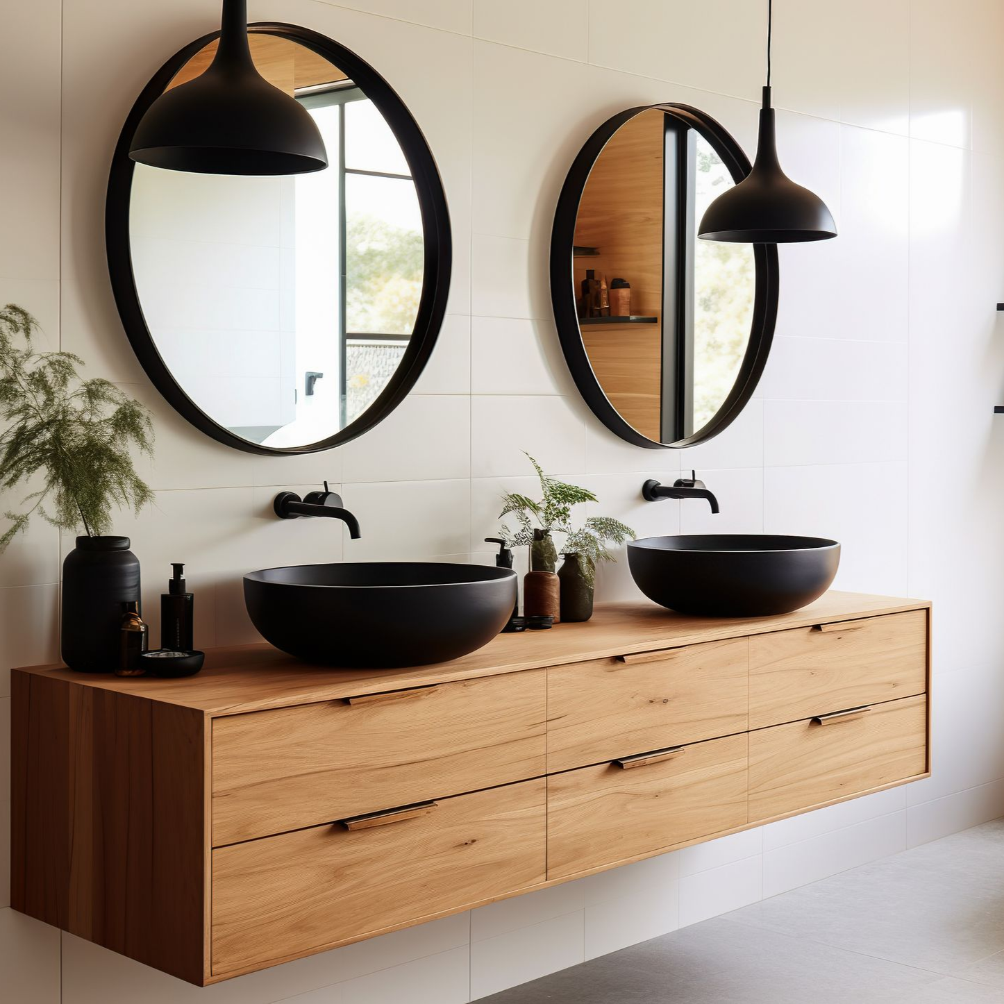 Salle de bains avec meuble-lavabo en bois, lavabos, miroirs ronds et suspensions lumineuses.