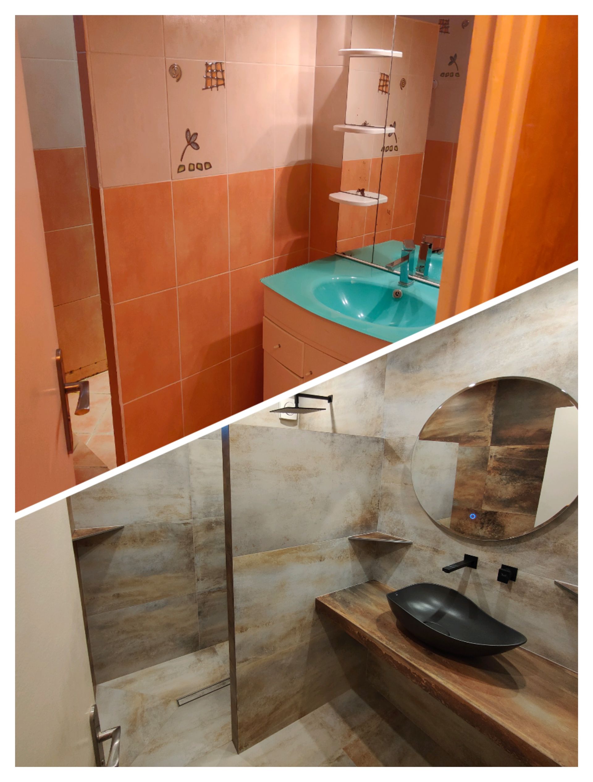 Salle de bains avec douche carrelée.