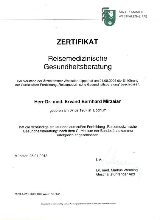 Zertifikat reisemedizinische Gesundheitsberatung