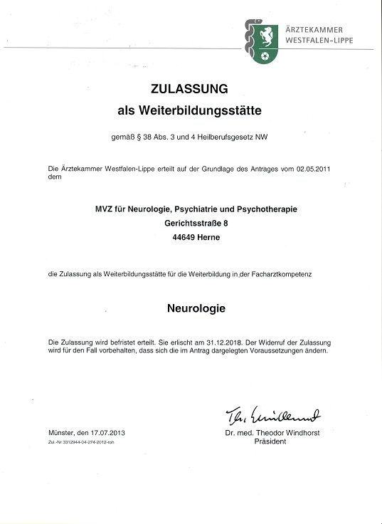 Zulassung als Weiterbildungsstätte Zertifikat